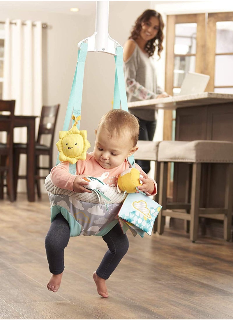 evenflo - Evenflo Exersaucer Baby Hanging Clampable Doorway Jumper with 4 Removable Toys, Peek a Boo Flip -Book, and Mirror, Sweet Skies - Image 1