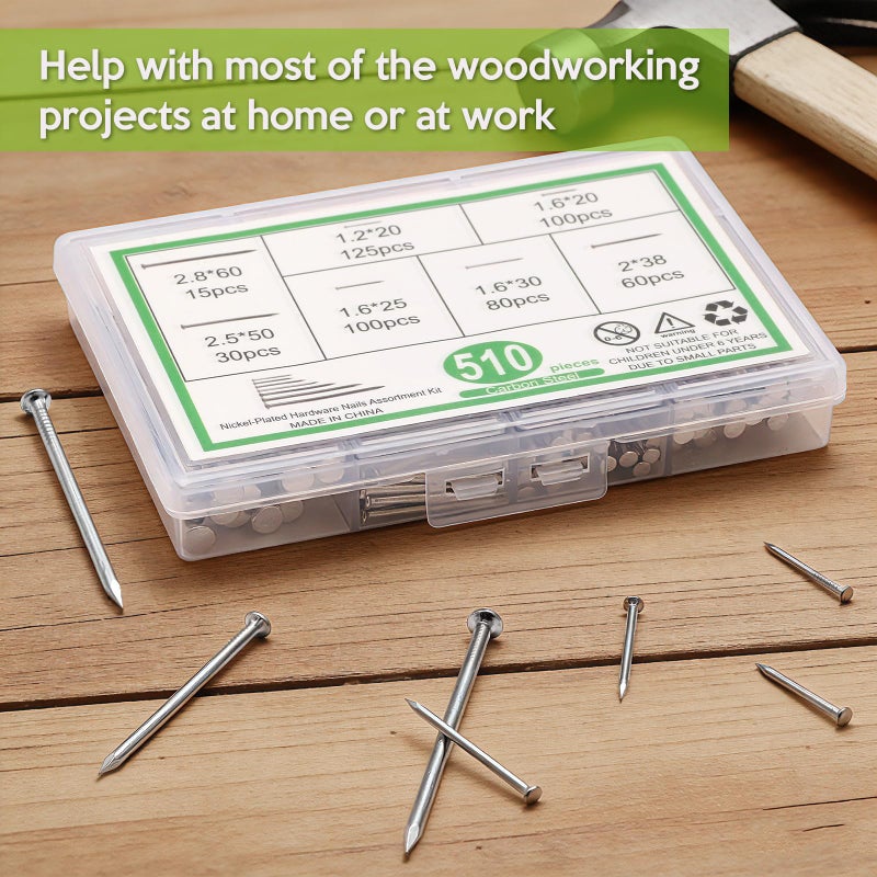 KOAMLY 510 Pcs Hardware Nails Stainless Steel Nails Assortment Kit,7 Sizes Mix Rust-Proof Common Nails for Wood, Fence, Furniture, Crafts & DIY Projects â€“ Practical Fastener Kit Saves Your Time - Image 2