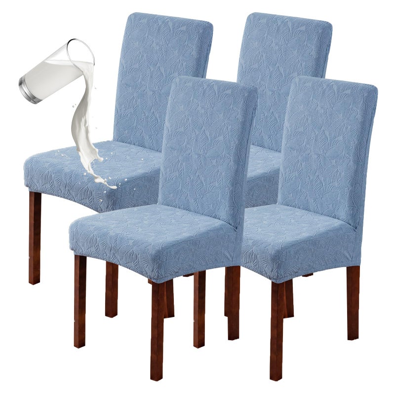 Genina 100% Waterproof Dining Room Chair Covers Set of 4 Stretch Kitchen Chair Covers Parsons Chair Slipcovers for Dining Room Chair Protector Cover, Removable, Washable (Leaf Pattern-Light Blue) - Image 1