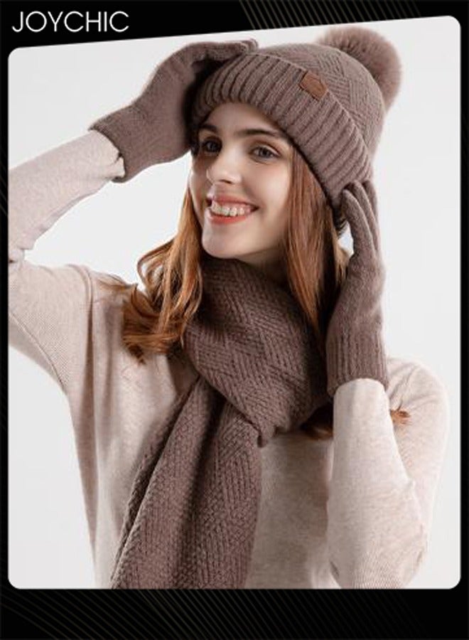 Joychic مجموعة قبعة وشال شتوي بالإصدار الكوري للنساء للخارج مقاومة للرياح دافئة قبعة + شال + قفازات - Image 4