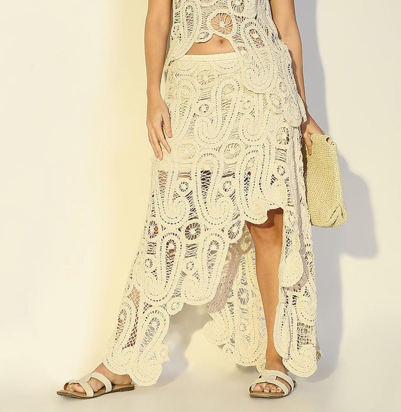 ICW Crochet Drawstring Waist, Floral Pattern Lace Maxi Ankle Length Skirt, Dn122 (in, Alpha, M, Regular, Apricot 1) - Image 2