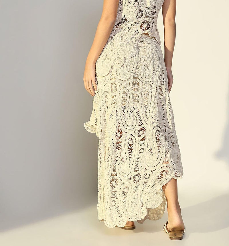 ICW Crochet Drawstring Waist, Floral Pattern Lace Maxi Ankle Length Skirt, Dn122 (in, Alpha, M, Regular, Apricot 1) - Image 3
