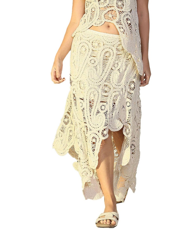 ICW Crochet Drawstring Waist, Floral Pattern Lace Maxi Ankle Length Skirt, Dn122 (in, Alpha, M, Regular, Apricot 1) - Image 5
