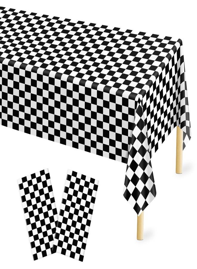 Mulbozy 2 Pcs Checkered Tablecloth Plastic for Birthday Decor, 54 × 108 inches Disposable Black and White Checkered Table Covers for Baby Shower, Race Car Birthday Party Decorations - Image 1