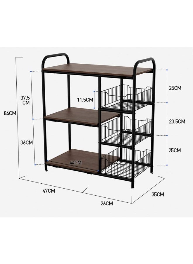 Microwave Oven Shelf, Kitchen Trolley Storage With Wire Basket And Wheels, Black Carts With 3 Tiers Organiser Shelf Industrial Serving Cart Unit - Image 2