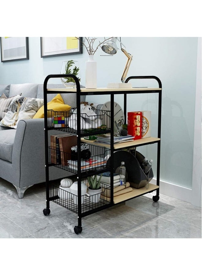 Microwave Oven Shelf, Kitchen Trolley Storage With Wire Basket And Wheels, Black Carts With 3 Tiers Organiser Shelf Industrial Serving Cart Unit - Image 1