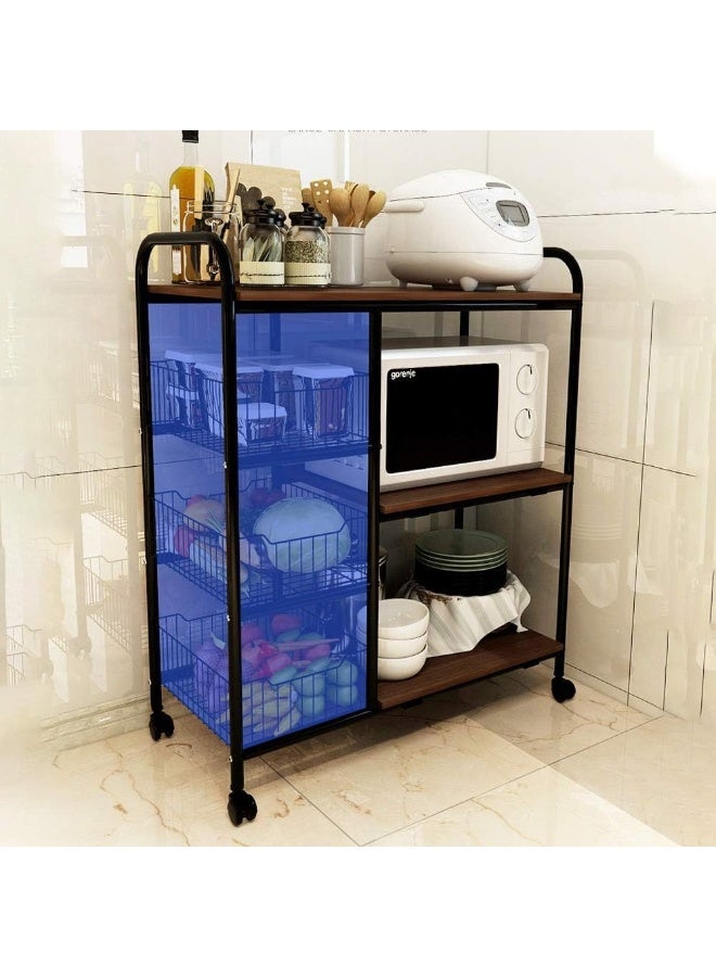 Microwave Oven Shelf, Kitchen Trolley Storage With Wire Basket And Wheels, Black Carts With 3 Tiers Organiser Shelf Industrial Serving Cart Unit - Image 5