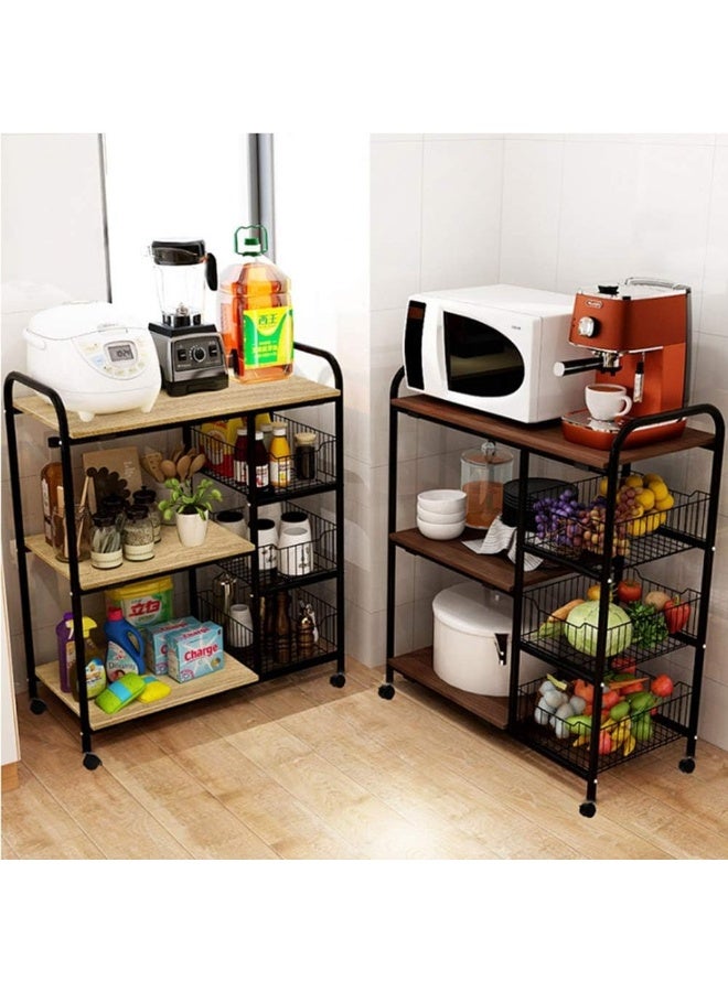 Microwave Oven Shelf, Kitchen Trolley Storage With Wire Basket And Wheels, Black Carts With 3 Tiers Organiser Shelf Industrial Serving Cart Unit - Image 4