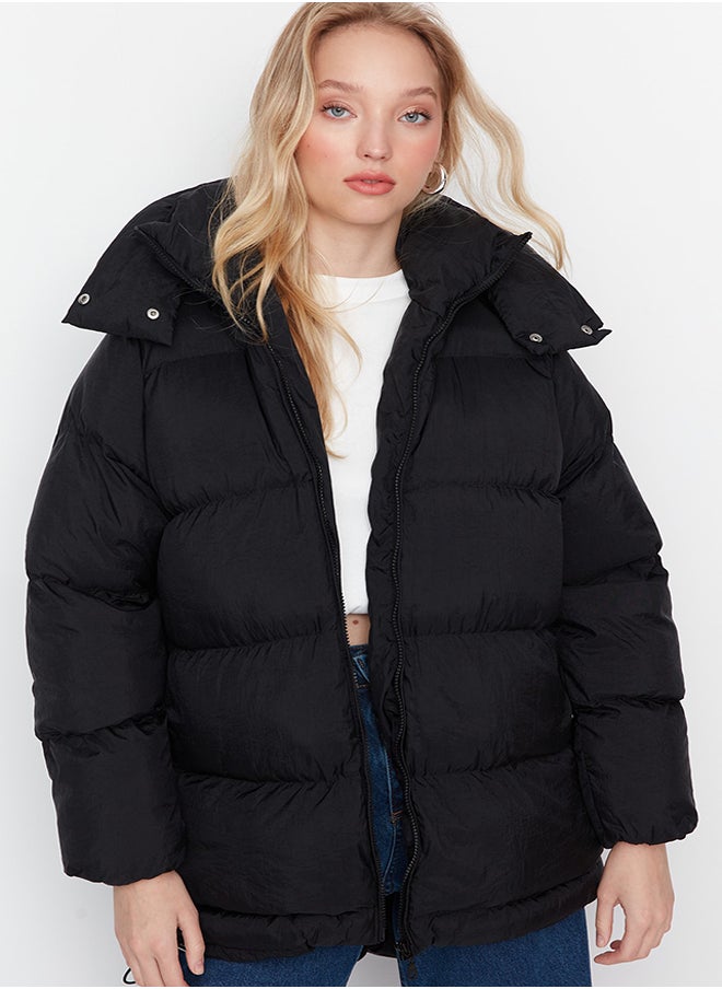 trendyol - Black Oversize Hooded Water Repellent Inflatable Coat TWOAW23MO00193 - Image 1