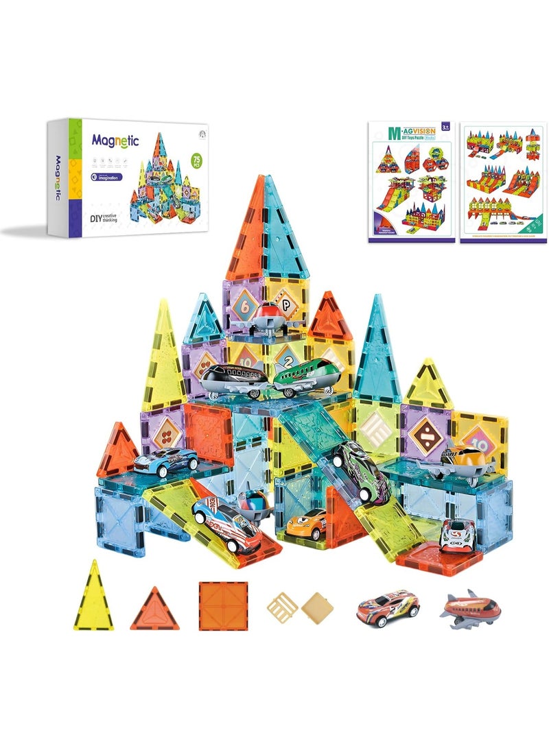 Magnetic Tiles Building Blocks Set STEM Educational Magnet Toys Thickened Montessori Creative Construction Toddler Preschool Learning Gifts for Kids Age 3-8 (75 Pcs Parking Lot Theme) - Image 1