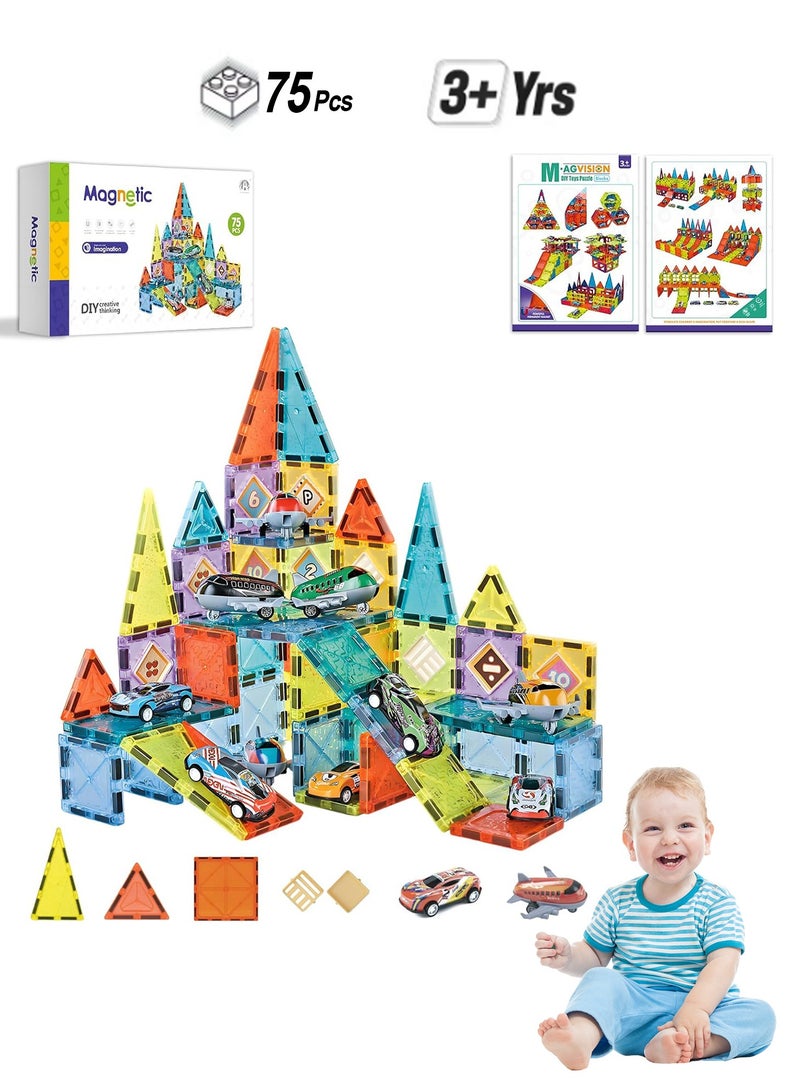 Magnetic Tiles Building Blocks Set STEM Educational Magnet Toys Thickened Montessori Creative Construction Toddler Preschool Learning Gifts for Kids Age 3-8 (75 Pcs Parking Lot Theme) - Image 1