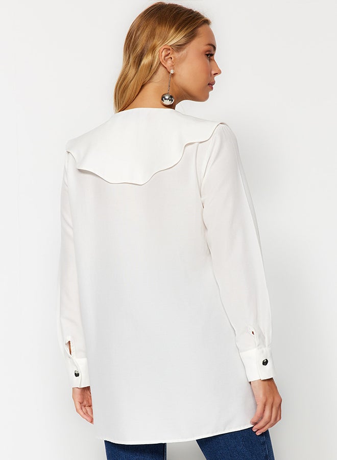 trendyol White Silver Button Detailed Baby Collar Cotton Shirt TCTAW24TG00009  - Image 5