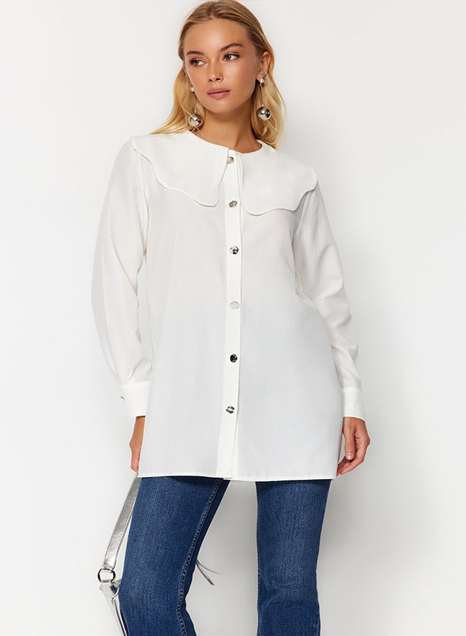 trendyol White Silver Button Detailed Baby Collar Cotton Shirt TCTAW24TG00009  - Image 1