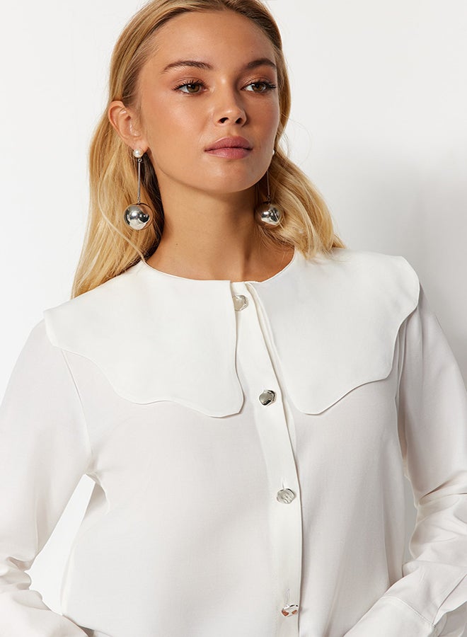trendyol White Silver Button Detailed Baby Collar Cotton Shirt TCTAW24TG00009  - Image 3