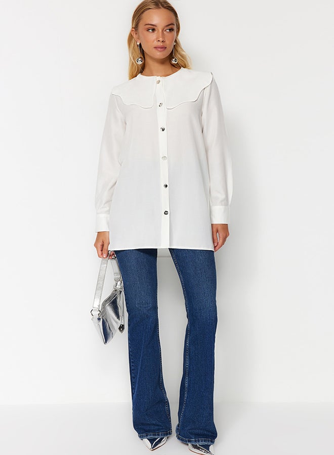 trendyol White Silver Button Detailed Baby Collar Cotton Shirt TCTAW24TG00009  - Image 2