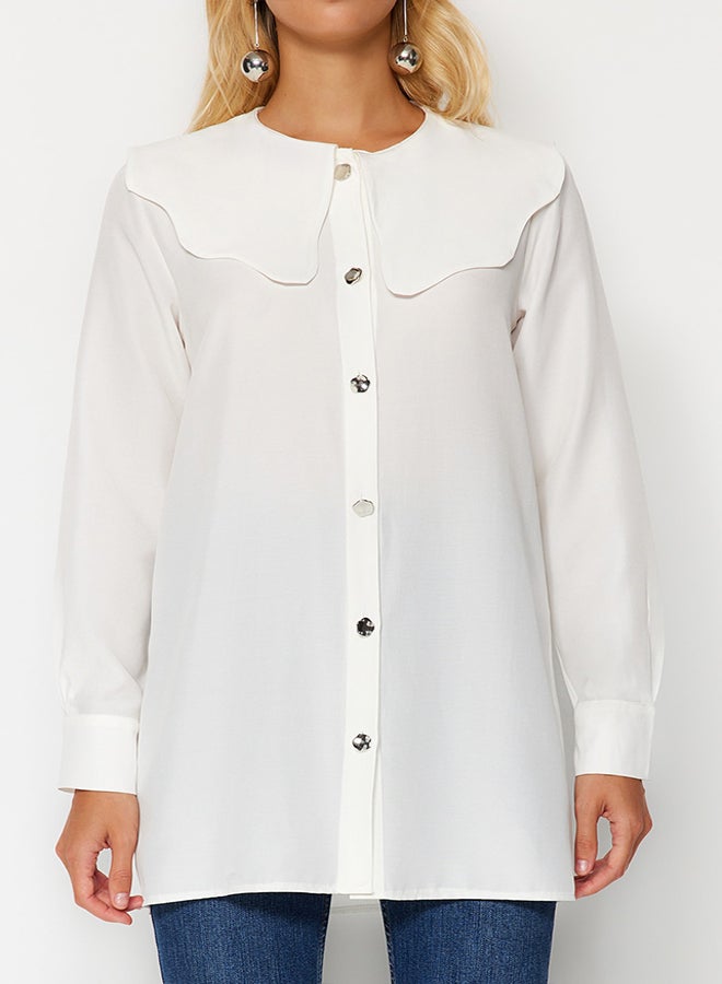 trendyol White Silver Button Detailed Baby Collar Cotton Shirt TCTAW24TG00009  - Image 4