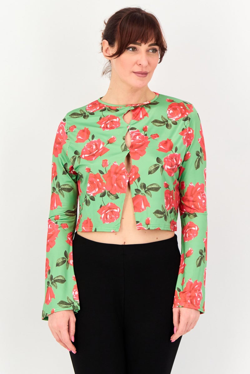 In the style Women Round Neck Long Sleeve Floral Print Top, Multicolor - Image 1