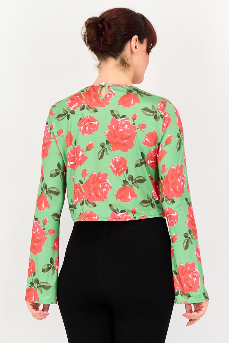 In the style Women Round Neck Long Sleeve Floral Print Top, Multicolor - Image 3