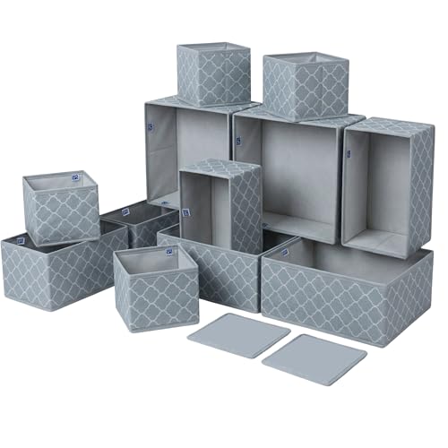 Skrill 12-Piece Foldable Cloth Storage Box Set | Cube Baskets, Bins & Dividers for Closet & Dresser Drawer Organization | Storage for Shirts, Pants, Underwear, Bras, Socks & More (Quatrefoil Grey) - Image 1