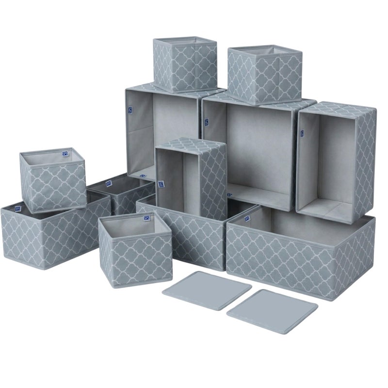 Skrill 12-Piece Foldable Cloth Storage Box Set | Cube Baskets, Bins & Dividers for Closet & Dresser Drawer Organization | Storage for Shirts, Pants, Underwear, Bras, Socks & More (Quatrefoil Grey) - Image 2