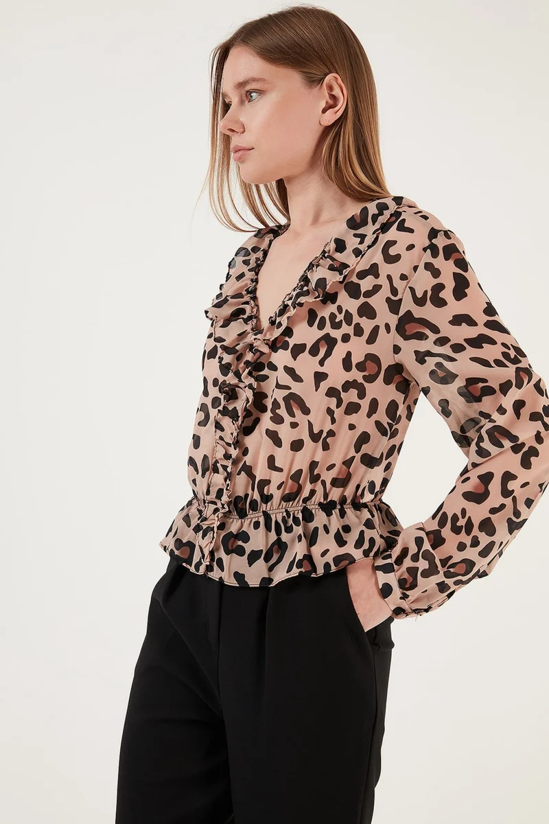 Lela Leopard Patterned Frilly V-Neck Tulle Blouse Women's Blouse 611KB2034