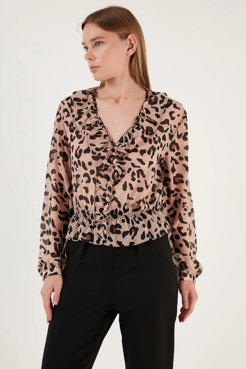 Lela Leopard Patterned Frilly V-Neck Tulle Blouse Women's Blouse 611KB2034