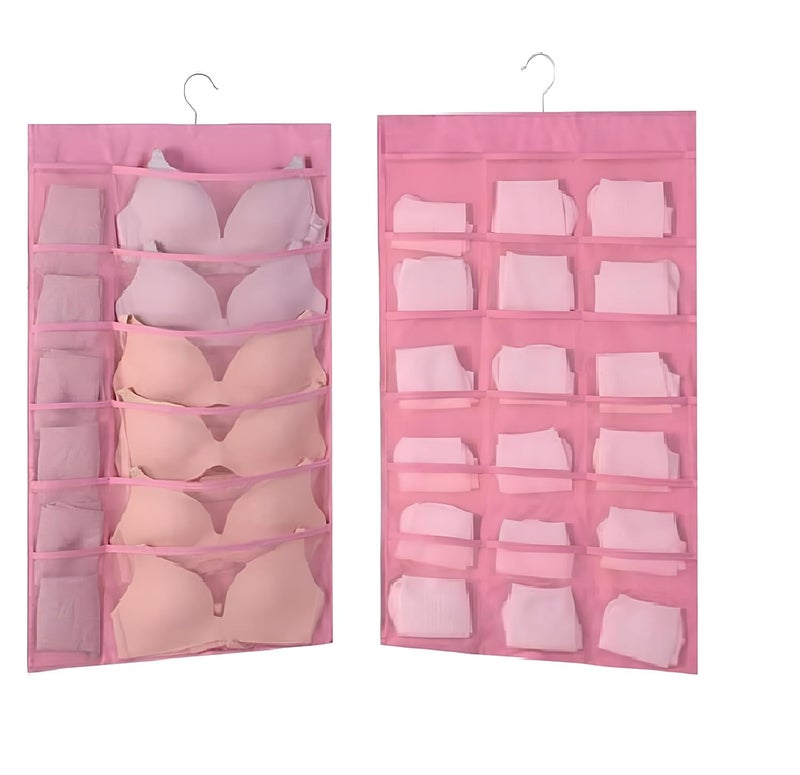 FAB ELLITE Double Sided 30 Pockets Clear Hanging Bag | Socks Bra Underwear Rack Hanger Storage Organizer | Wall-Mounted Closet Shelves with Non-Woven Material – Pink (Pack of 2) - Image 1