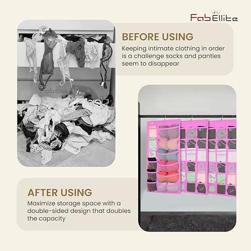 FAB ELLITE Double Sided 30 Pockets Clear Hanging Bag | Socks Bra Underwear Rack Hanger Storage Organizer | Wall-Mounted Closet Shelves with Non-Woven Material – Pink (Pack of 2) - Image 3