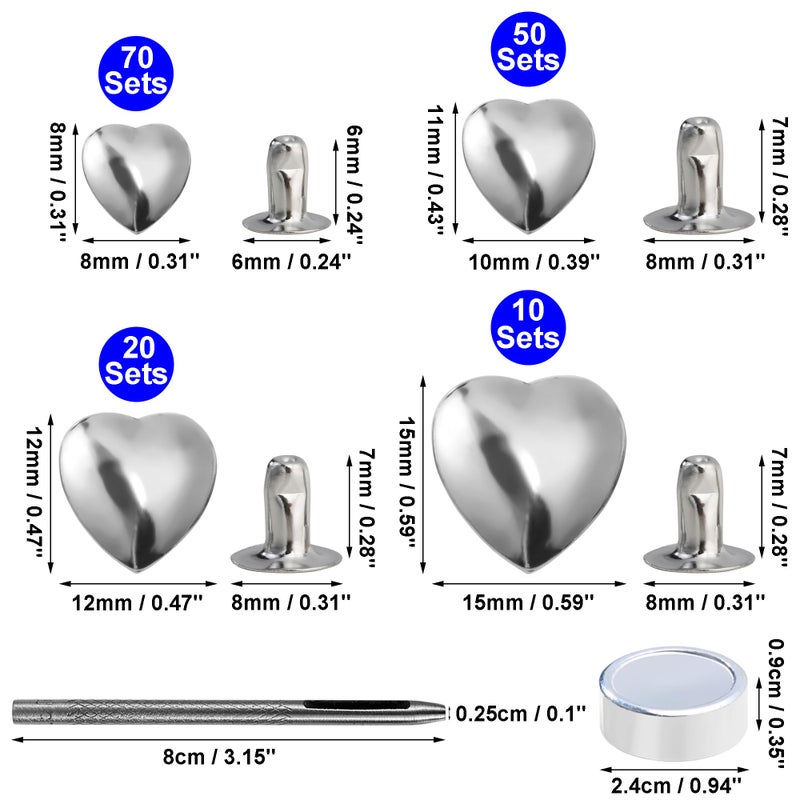 YORANYO 150 Set Mixed Size Rivets Kit - Silver Heart Studs for Clothing, Fabric & Leather Crafting - Rivet Tool for Jackets, Shoes, Bags, Belts & Purse - Image 2