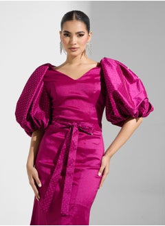 Namshi x Puff Sleeves Diamante Detail Evening Gown With Slit  - Image 3