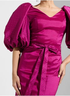 Namshi x Puff Sleeves Diamante Detail Evening Gown With Slit  - Image 4