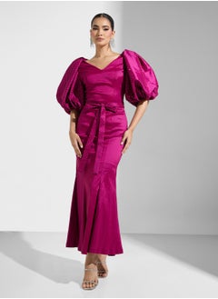 Namshi x Puff Sleeves Diamante Detail Evening Gown With Slit  - Image 1