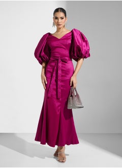 Namshi x Puff Sleeves Diamante Detail Evening Gown With Slit  - Image 5