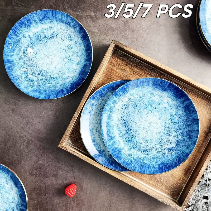 Set Of 3 Japanese Style Blue Ceramic Plates 7 5 Inch Wave Texture For Sashimi Sushi Dessert Hotel Catering - Image 1