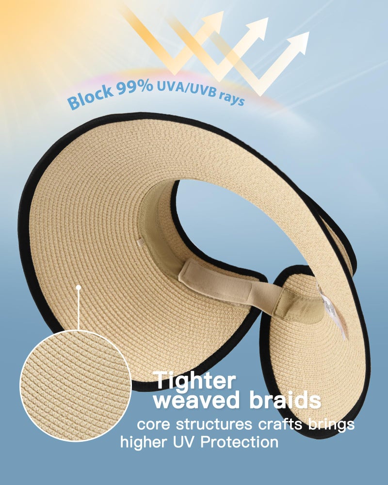 FURTALK Sun Visor Hats for Women Wide Brim Straw Ponytail Summer Beach Hat UV UPF Packable Foldable Travel - Image 2