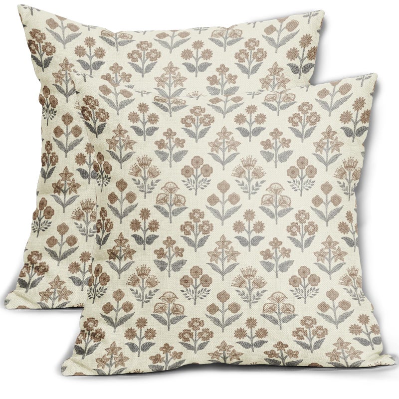 Sivirary Brown Grey Gray Floral Block Print Pillow Covers 18x18 Inch Set of 2 Vintage Flower Pattern Decorative Throw Pillowcases Outdoor Farmhouse Cushion Covers Spring Summer Rustic Sofa Couch Bed Decor - Image 2