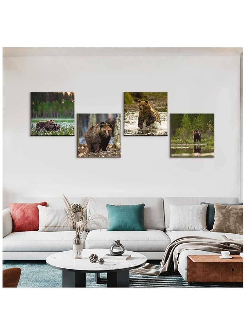 مؤسسة فكرة اليوم مجموعة لوحات فنية جدارية من القماش بإطارات خشبية من "توداي آيديا"، مكونة من أربع مطبوعات | لوحة فنية عصرية لدب بني، مناسبة لغرف النوم والمعيشة والمكتب، مقاس ٢٠×٢٠ بوصة - Image 2