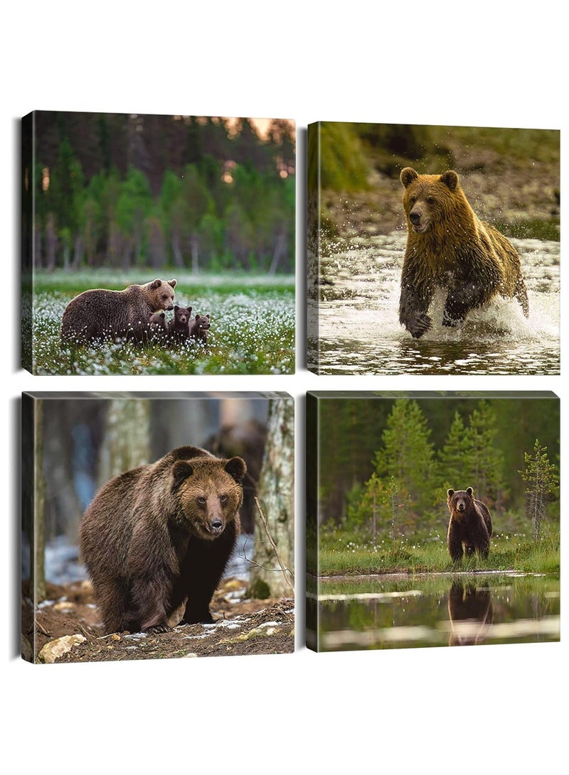 مؤسسة فكرة اليوم مجموعة لوحات فنية جدارية من القماش بإطارات خشبية من "توداي آيديا"، مكونة من أربع مطبوعات | لوحة فنية عصرية لدب بني، مناسبة لغرف النوم والمعيشة والمكتب، مقاس ٢٠×٢٠ بوصة - Image 1