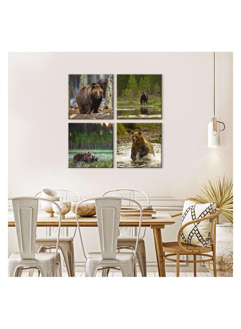 مؤسسة فكرة اليوم مجموعة لوحات فنية جدارية من القماش بإطارات خشبية من "توداي آيديا"، مكونة من أربع مطبوعات | لوحة فنية عصرية لدب بني، مناسبة لغرف النوم والمعيشة والمكتب، مقاس ٢٠×٢٠ بوصة - Image 4