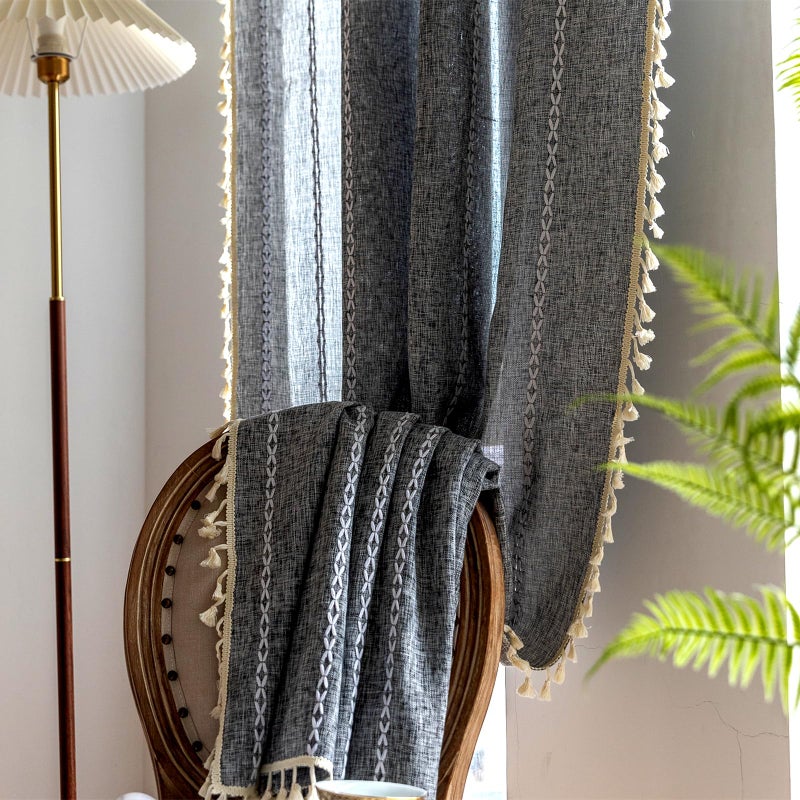 Deeprove Dark Gray Boho Curtains 96 inches Length for Bedroom Living Room  Coal Grey Bohemian 96 inches Long Embroideried Cottage Farmhouse Vintage Tassel Window Treatments  W52 x L96  1 Panel - Image 1