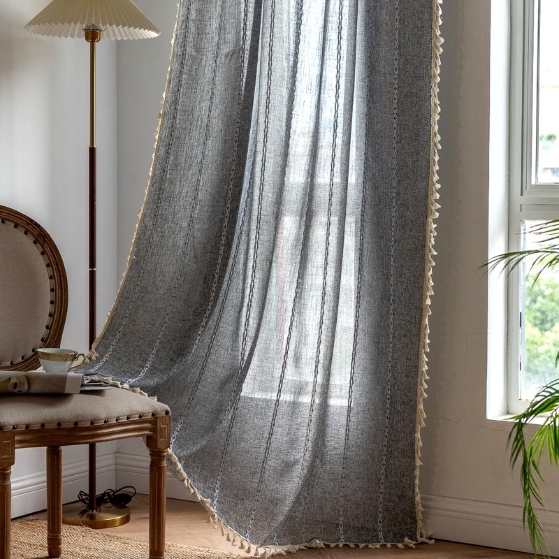 Deeprove Dark Gray Boho Curtains 96 inches Length for Bedroom Living Room  Coal Grey Bohemian 96 inches Long Embroideried Cottage Farmhouse Vintage Tassel Window Treatments  W52 x L96  1 Panel - Image 5