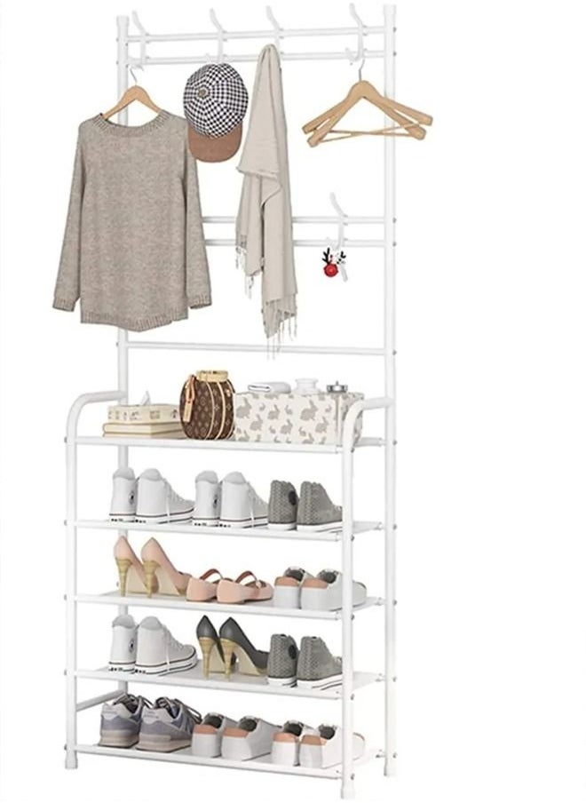 Cady One - 4-Tier Shoe Organizer Storage Shelf Clothes Rack with 8 Hanging Hooks Entryway Hallway Hanging Storage Shelf - Image 1