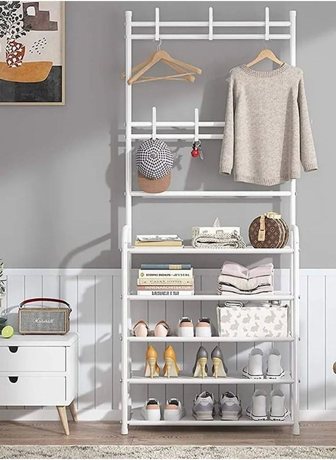 Cady One - 4-Tier Shoe Organizer Storage Shelf Clothes Rack with 8 Hanging Hooks Entryway Hallway Hanging Storage Shelf - Image 1