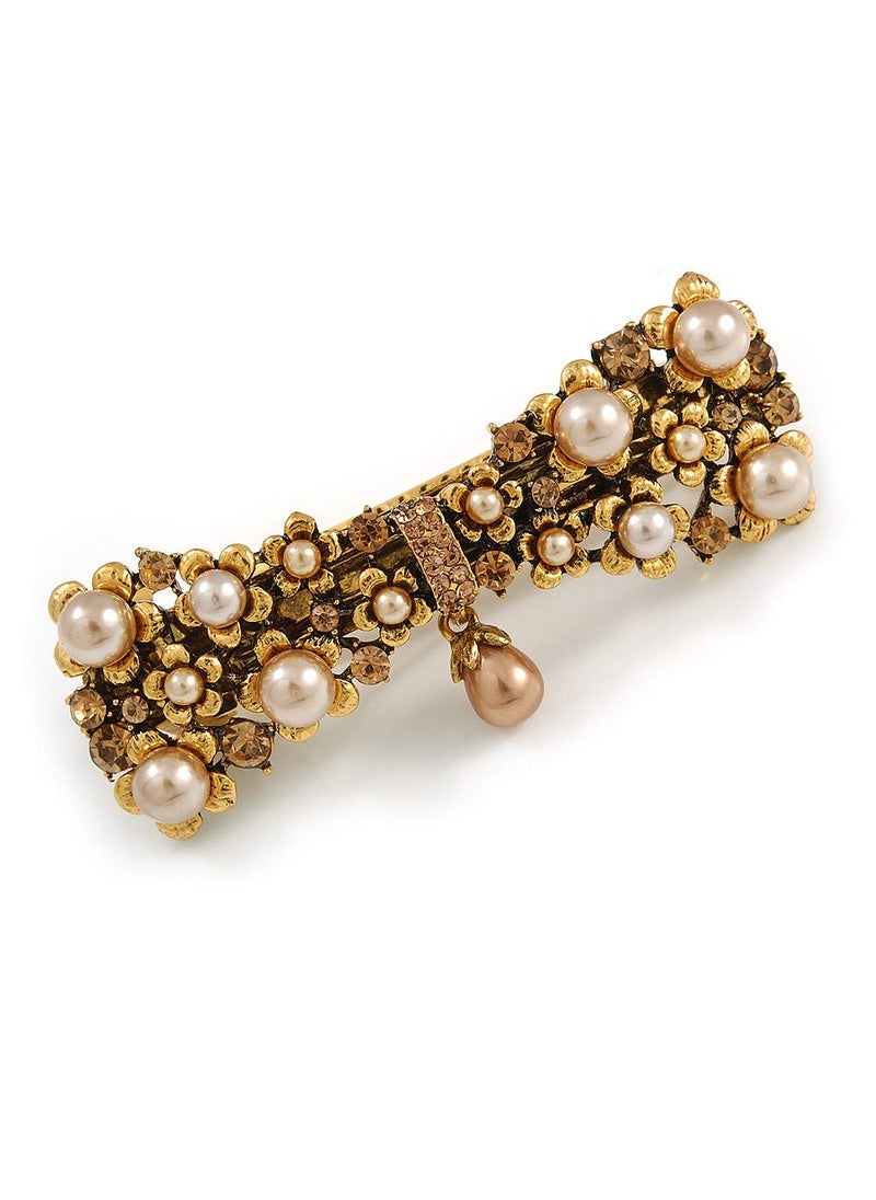 Avalaya Vintage Inspired Caramel Faux Pearl Topaz Crystal Bow Barrette Hair Clip Grip In Aged Gold Finish  85mm Across 