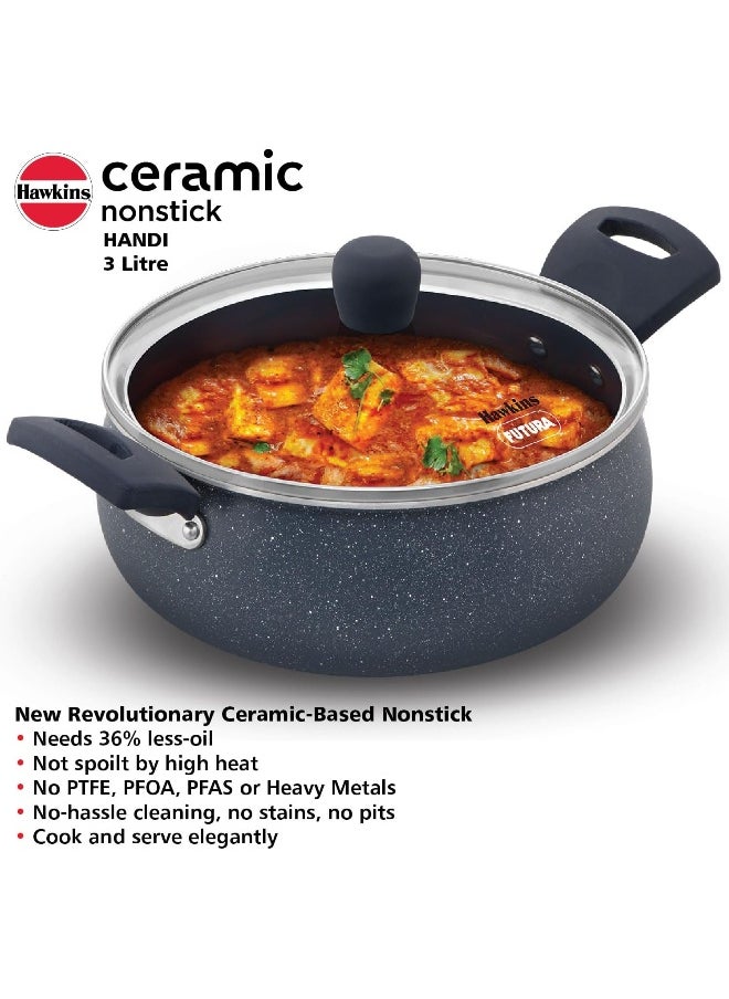Hawkins 3 Liters Ceramic Non Stick Handi With Glass Lid,Induction Compatible ,Grey  - Image 3