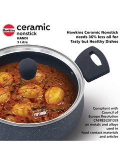Hawkins 3 Liters Ceramic Non Stick Handi With Glass Lid,Induction Compatible ,Grey  - Image 2