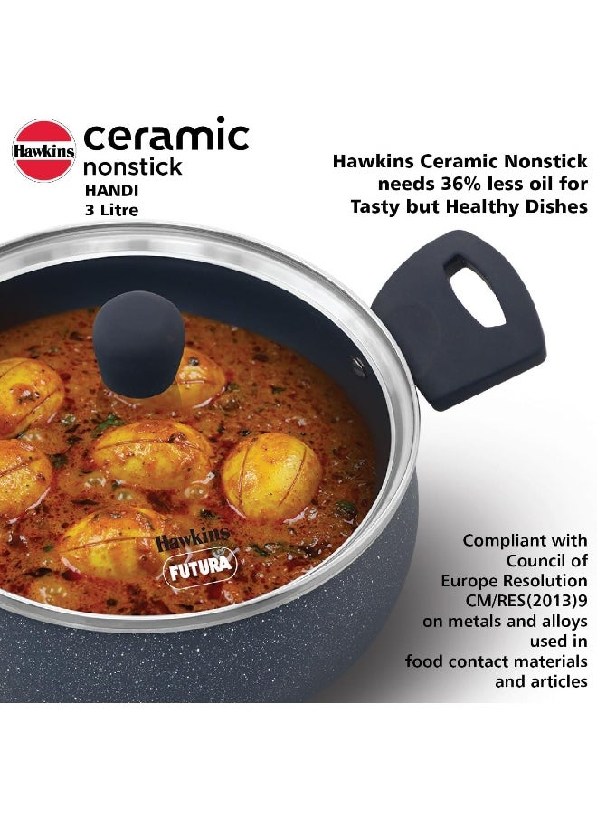 Hawkins 3 Liters Ceramic Non Stick Handi With Glass Lid,Induction Compatible ,Grey  - Image 2