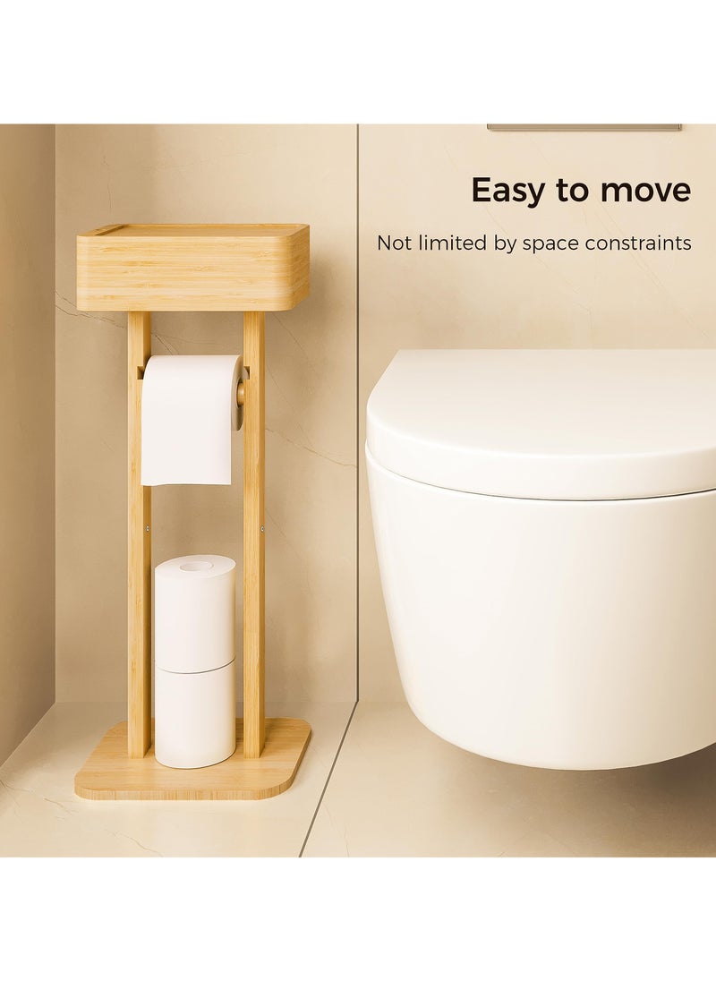 XiuWoo - 4-in-1 Toilet Paper Holder Stand with Storage Shelf Box, 360° Rotating Bamboo Free Standing Toilet Tissue Roll, Toilet Wipes Dispenser Organizer Desktop for Bathroom - Image 1