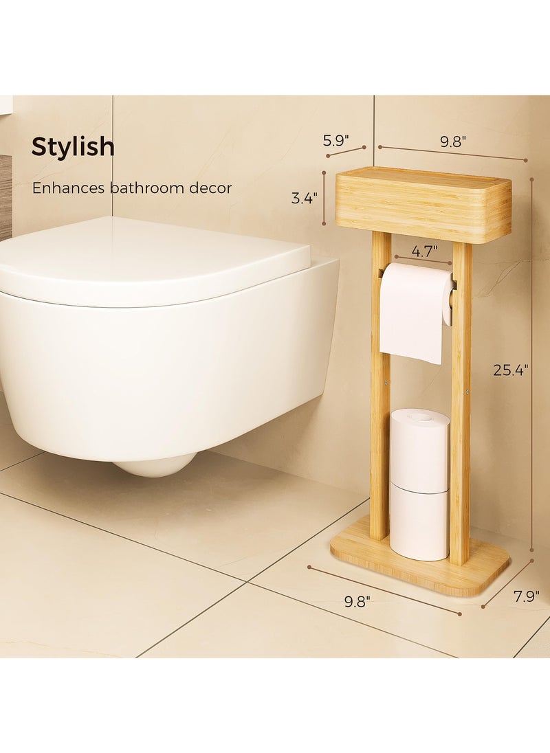 XiuWoo - 4-in-1 Toilet Paper Holder Stand with Storage Shelf Box, 360° Rotating Bamboo Free Standing Toilet Tissue Roll, Toilet Wipes Dispenser Organizer Desktop for Bathroom - Image 1