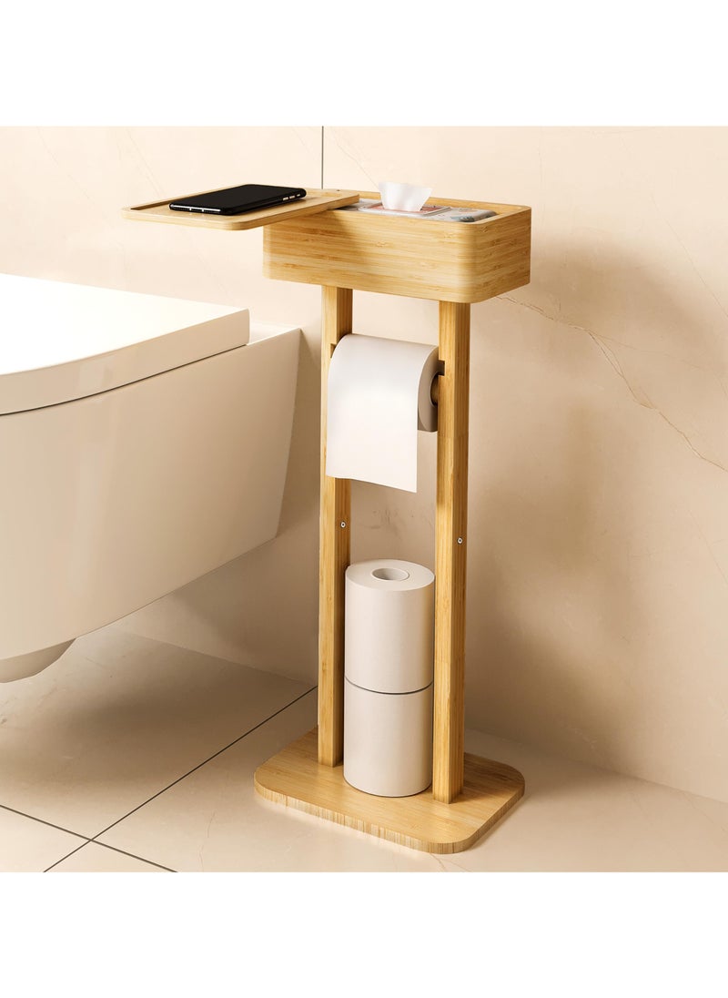 XiuWoo - 4-in-1 Toilet Paper Holder Stand with Storage Shelf Box, 360° Rotating Bamboo Free Standing Toilet Tissue Roll, Toilet Wipes Dispenser Organizer Desktop for Bathroom - Image 1